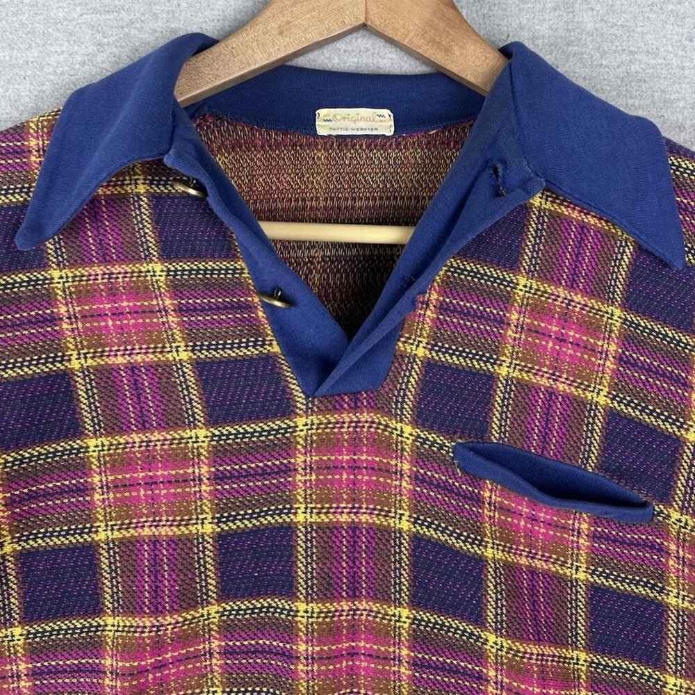 70s Vintage Women’s Pointed Camp Collar Size‎ XS Polo Plaid